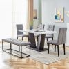 63" Modern Style 6-piece Dining Table with 4 Chairs & 1 Bench, Table with Marbled Veneers Tabletop and V-shaped Table Legs (White)