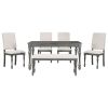 TREXM 6-Piece Wood Dining Table Set Rectangular Table with Turned Legs, 4 Upholstered Chairs and Bench for Dining Room (Gray)